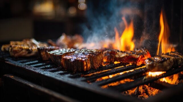 Juicy cuts of meat are grilling over glowing coals filling the air with smoky aroma and warmth.