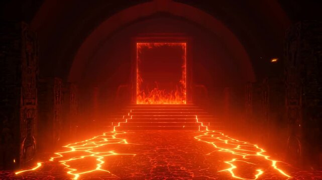 Inferno entrance with glowing lava floor and fiery portal, digital render of hellish landscape animation