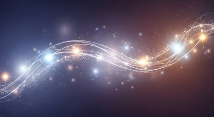 Dynamic abstract background featuring wavy light trails composed of sparkling dust and bright star flares, transitioning from cool blue to warm orange tones. Ideal for luxury advertising & technology.