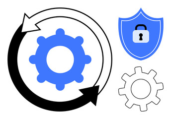 Gear inside circular arrows indicating a workflow, shield with a lock for security, small gear enhancement. Ideal for teamwork, operations, efficiency, security, automation, technology business
