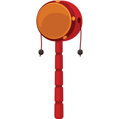 Chinese Traditional Red Handheld Drum With Orange Center And Hanging Tassels Percussion Instrument Isolated On White Background