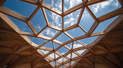 Under a beautiful geometric wooden ceiling the bright blue sky is visible with fluffy clouds drifting.