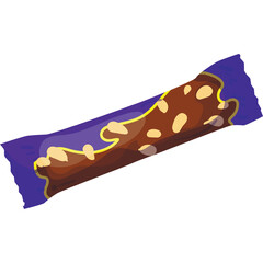 Chocolate bar with nuts and raisins in purple wrapper isolated on white background natural lighting studio shot