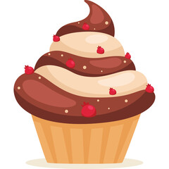 Chocolate and Vanilla Swirl Cupcake with Red Berries and Brown Paper Liner Isolated on White Background with Transparent Background