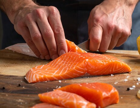 Close-up shows a chef's hands expertly slicing a raw salmon fillet on a wooden cutting board, highlighting the fish's vibrant orange color