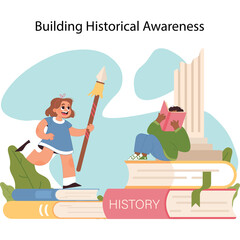 Children Learning History Through Books and Ancient Ruins Symbolizing Knowledge and Education