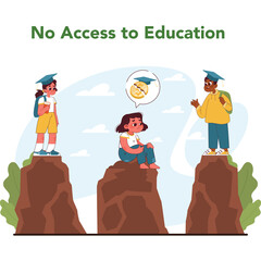 Children on mountain peaks disconnected from education dreams showing inequality and lack of opportunity with graduation cap symbol in thought bubble against a cloudy sky