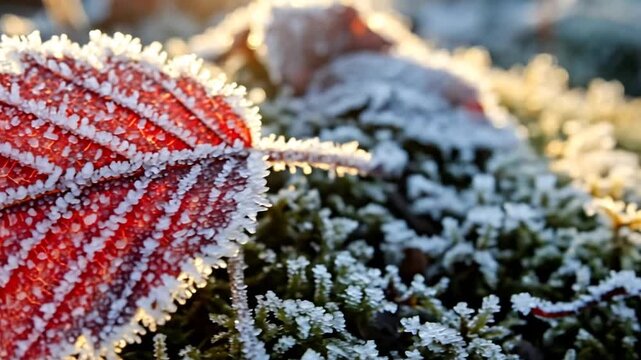 Close up of a frost covered red leaf in natural sunlight