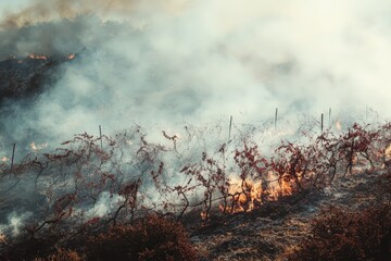 A sprawling vineyard engulfed in wildfire smoke.
