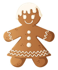 Gingerbread Woman Smiling - Cookie Decorated with White Icing Isolated Graphic Art