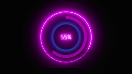 Purple Neon Circular Progress Indicator Showing 100% Percent with Inner Blue Glow on Black Background. High-tech neon purple circular loader glowing with inner blue light at full 100% on black design.