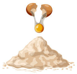 Egg Shell Cracked Open with Yolk and White Dropping on Pile of Flour – Baking Ingredient Illustration for Cooking, Pastry, and Recipe Designs