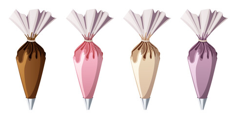 Chocolate, Strawberry, Vanilla and Lavender Frosting Icing Bags with Metal Nozzles Isolated Collection