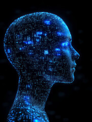 AI Virtual Digital Human Composed of Blue Binary Code