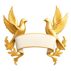 Golden doves holding a banner with laurel wreaths, transparent background