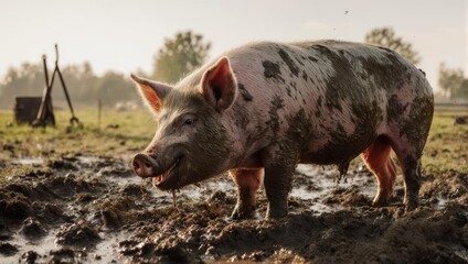 Pig in Muddy Field - A Rural Scene of Livestock.