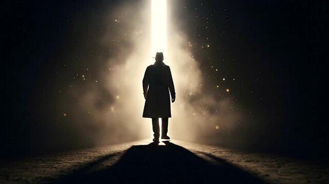 Silhouette of a person emerging into bright light