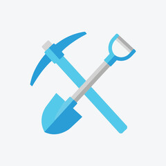 Illustration of a pickaxe and shovel crossed, symbolizing mining, construction, or hard work, in a flat design style with blue and gray colors