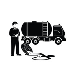Silhouette of a sanitation worker standing next to a vacuum truck with a manhole cover open and liquid spilling onto the ground