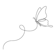 A minimalist black line drawing of a butterfly with flowing wings and a trailing curved line, symbolizing freedom, transformation, and delicate beauty