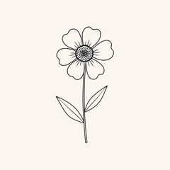 Simple line drawing of a daisy flower with leaves on a plain background, elegant botanical illustration