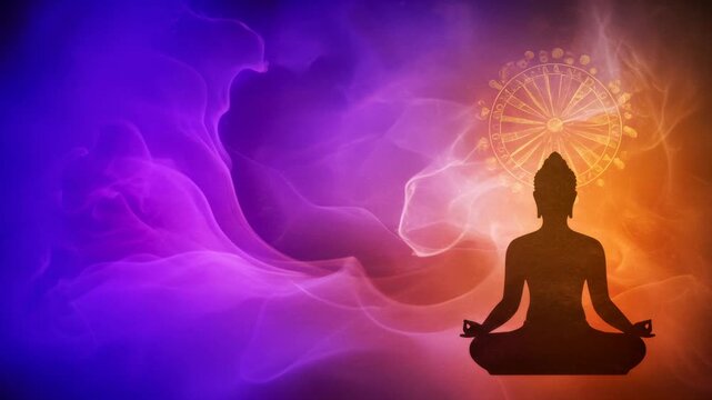 Buddha silhouette meditating under dharma wheel with swirling purple and orange energy. Spiritual enlightenment and buddhism concept footage.