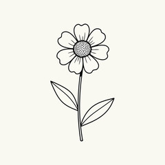 Simple line drawing of a daisy flower with leaves on a plain background, elegant botanical illustration