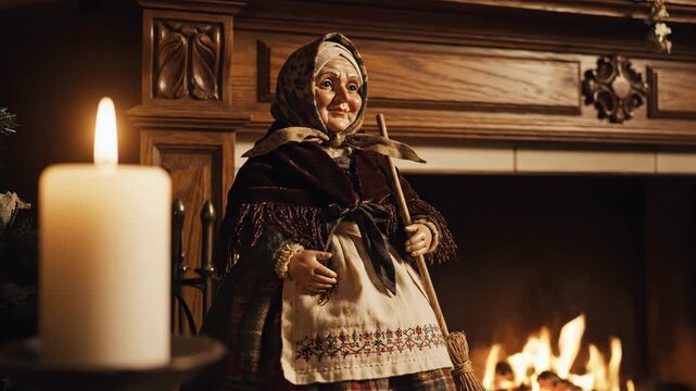 A traditional folklore doll of an old woman with a broom in a cozy room with a fireplace and candle.