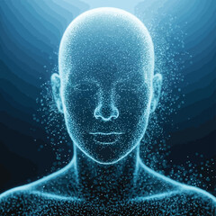 Abstract digital representation of a human head formed by glowing blue particles and contour lines against a dark background, symbolizing consciousness and data