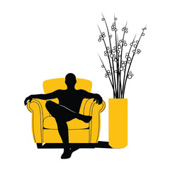 Silhouette of a man sitting relaxed in a yellow armchair next to a tall yellow vase with branches