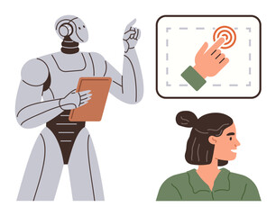 Robot holding tablet gestures towards touchscreen with tapping hand human in green shirt looks on. Ideal for AI communication, robotics, education, teamwork, future cooperation, technology, simple