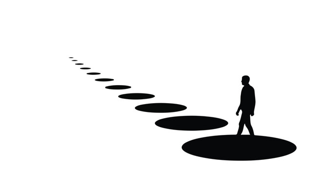 Silhouette of a person walking on a path of stepping stones towards a bright future.