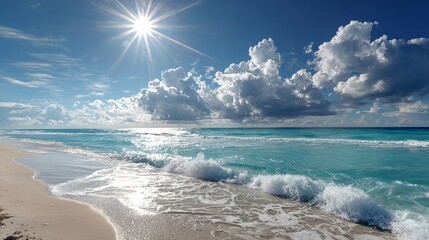 Experience the serene beauty of turquoise ocean waves gently lapping onto the sandy beach under a radiant sunny sky with fluffy clouds