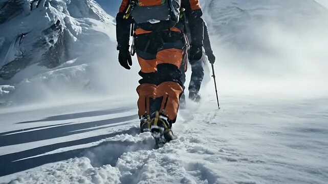 Conquering the Heights - Mountaineers Ascend Snowy Peaks in Harsh Conditions.