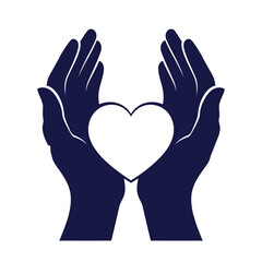 Two dark blue hands gently cupping a white heart shape, symbolizing care and love
