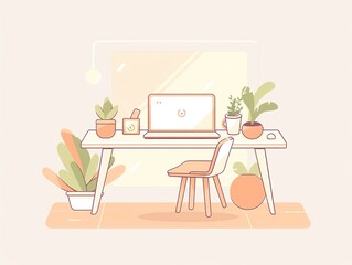 Minimalist home remote workspace line illustration with laptop and plant, cozy and calm vector art