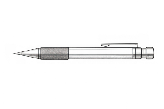 Mechanical drawing pencil with textured grip and clip isolated on transparent background, symbolizing precision and technical work