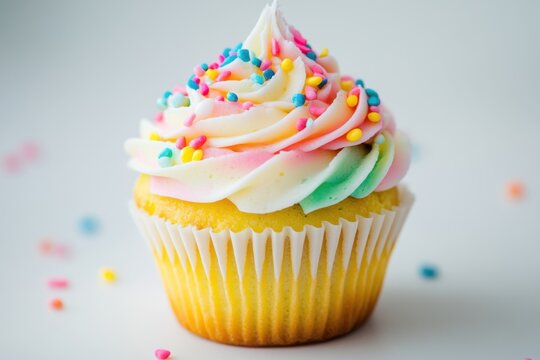 Colorful cupcake with swirled pastel frosting topped with multicolored round sprinkles on white background, creating cheerful and festive dessert appearance