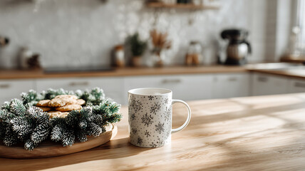Festive kitchen scene with snowflake mug and cookie wreath on a wooden countertop surface