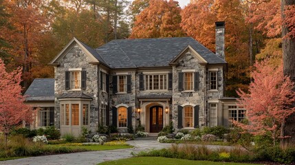 Stunning stone house radiates luxury amid vibrant autumn foliage, inviting and elegant home design with professional landscaping