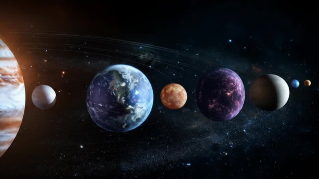 A row of diverse planets sails through dark space with distant stars and subtle orbital arcs across