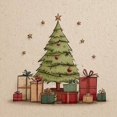 Centered Christmas tree illustration surrounded by gifts and twinkling stars, beige warm background, hand-drawn festive art style