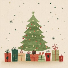 High-resolution minimal Christmas tree illustration with gifts, light green and dark red tones, white space composition, warm festive mood