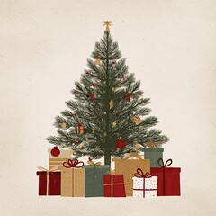 Soft tone Christmas tree with gifts illustration, cream paper background, red and gold accents, elegant minimalist festive art