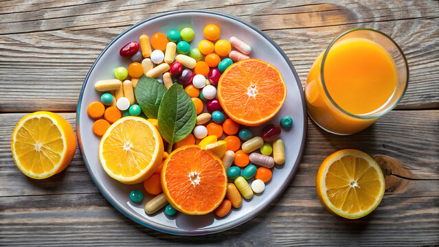 Colorful pills, orange juice, and fresh oranges arranged on a plate symbolize the importance of vitamins and supplements for health