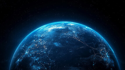 A background image featuring a digital earth internet technology theme composed of connected dots and lines.