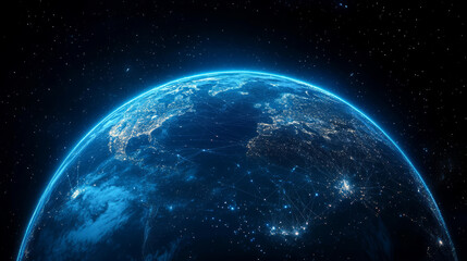 A background image featuring a digital earth internet technology theme composed of connected dots and lines.