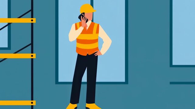A worker in vest and helmet on the phone by a building