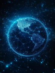 A background image featuring a digital earth internet technology theme composed of connected dots and lines.