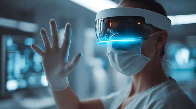 Futuristic doctor exploring virtual reality medical data with advanced AR headset and glowing interface